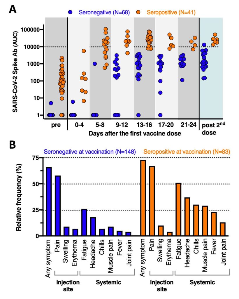 Antibody response in seropositive vs. seronegative (infection-naive) participants, preprint data. Krammer et al. 2021 DOI: 2021.01.29.21250653v1